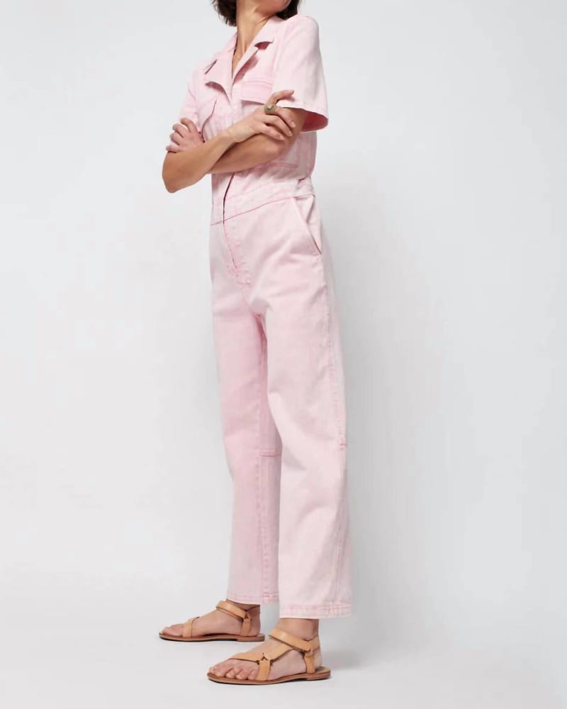Front of a model wearing a size Large Blythe Jumpsuit in Pink in Pink by Faherty. | dia_product_style_image_id:346608